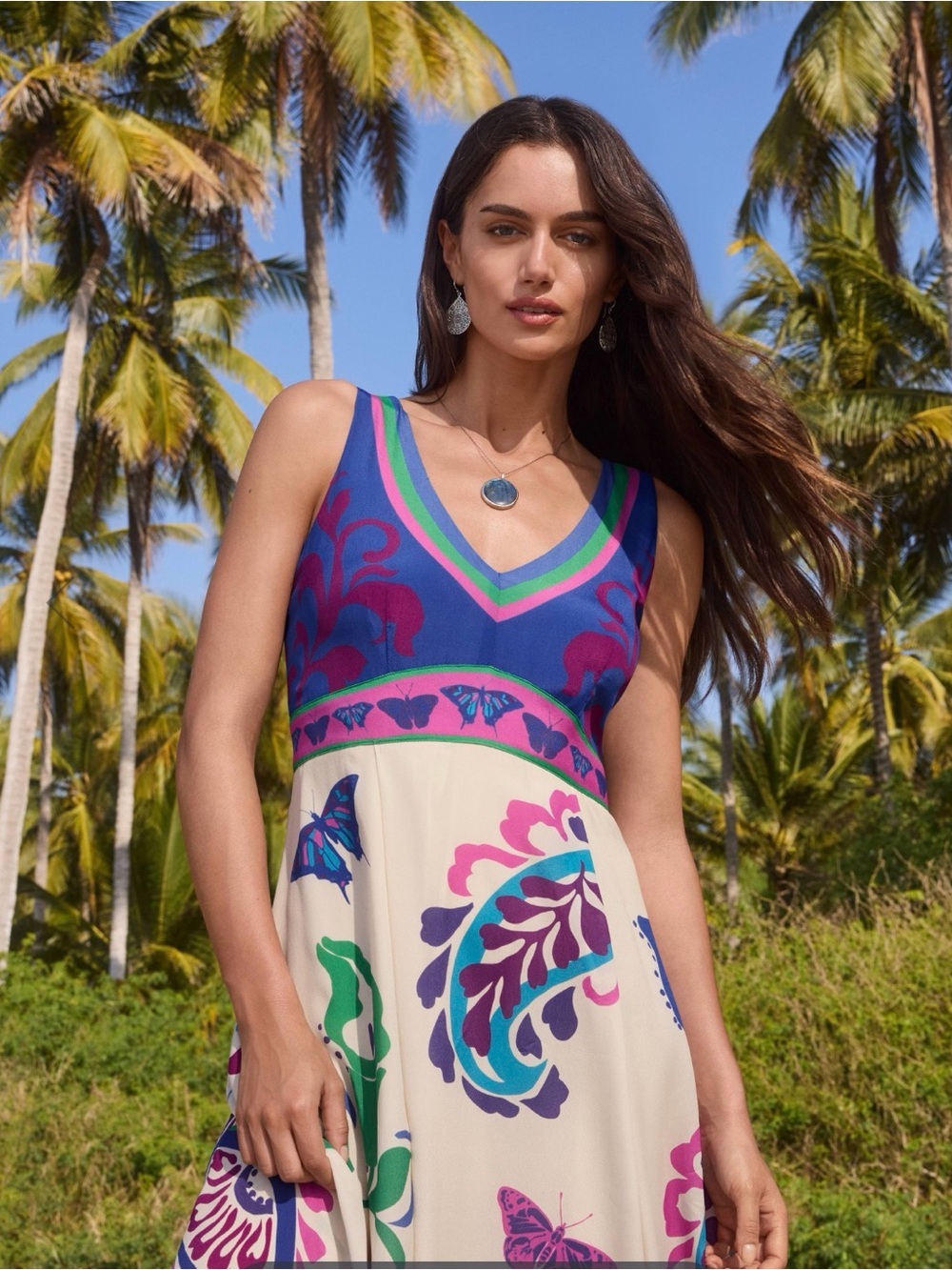 Johnny Was V-Neck Maxi Dress in Blue, Cream and Pink Accents